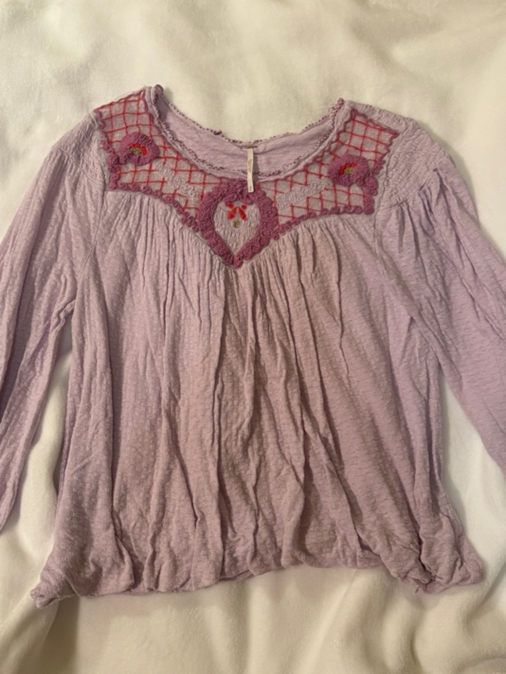 Free People Lavender Embroidered Long-Sleeve Peasant Top